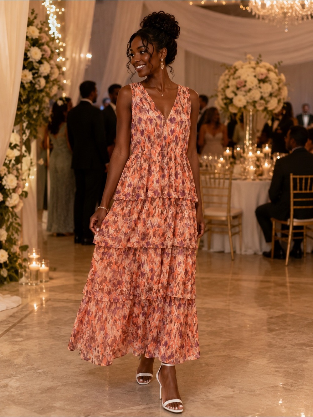 NWOT Sleeveless Tiered V-Neck Maxi Dress in Sunset Floral